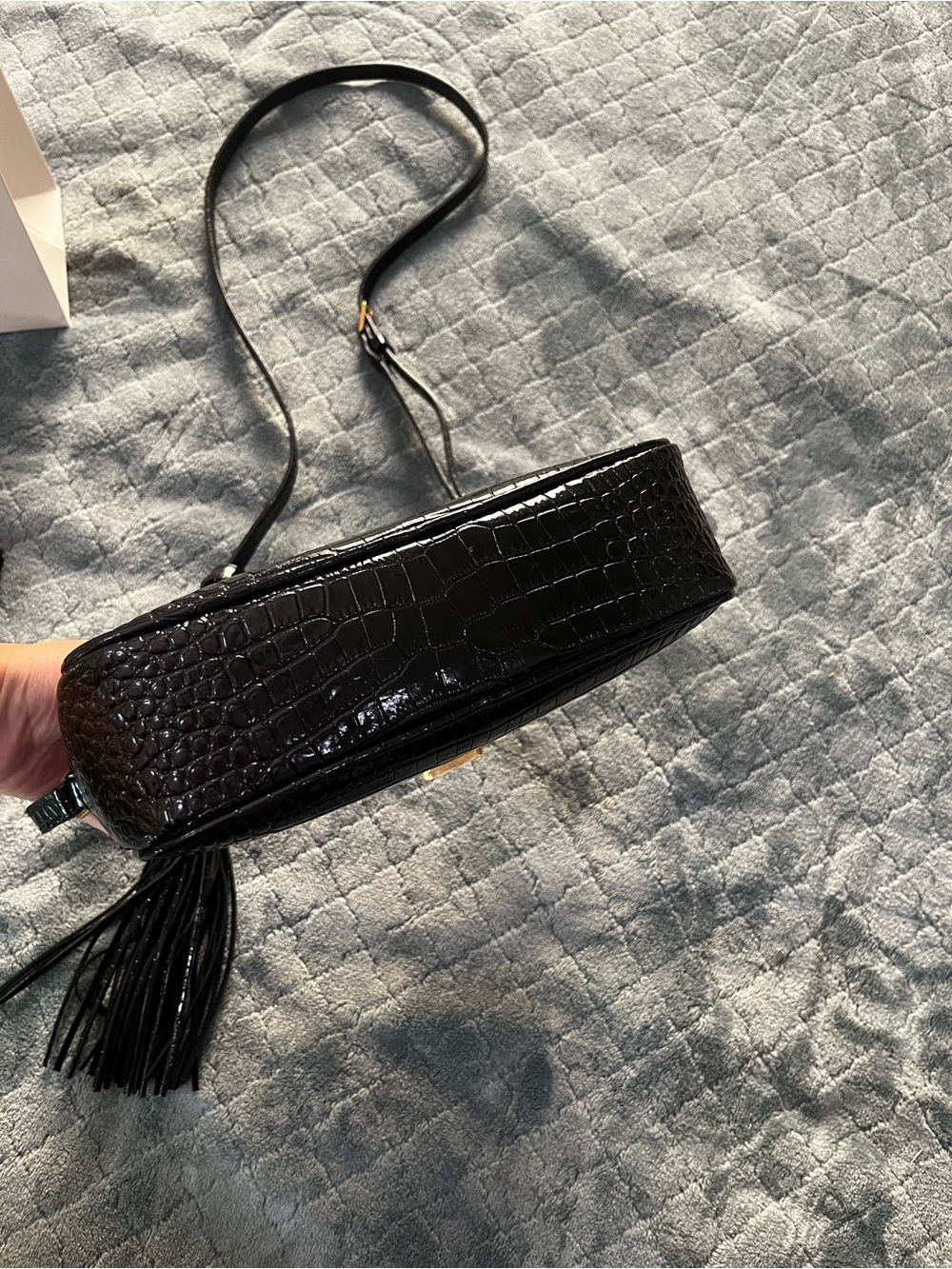 Saint Laurent Black Croc-Embossed Leather Camera Bag with Gold YSL Hardware - Picture 3 of 9